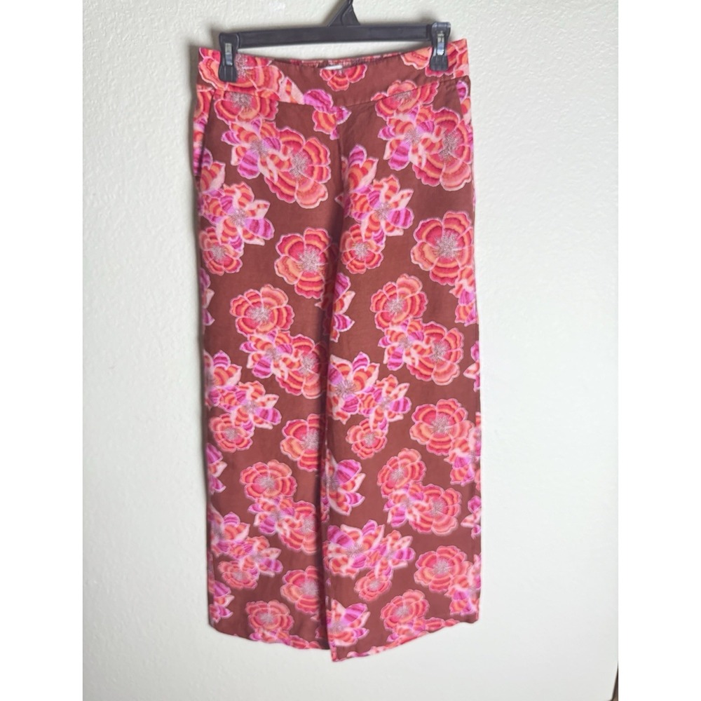 LOFT Women's Brown Floral Wide-Leg Pants w/ Bow Elastic Waist Linen Blend XS